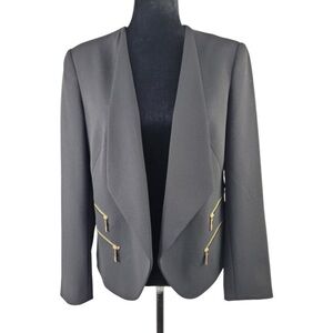 ANNE KLEIN BLACK CREPE GOLD ZIPPERS OPEN FRONT MOD STYLE JACKET COAT size S